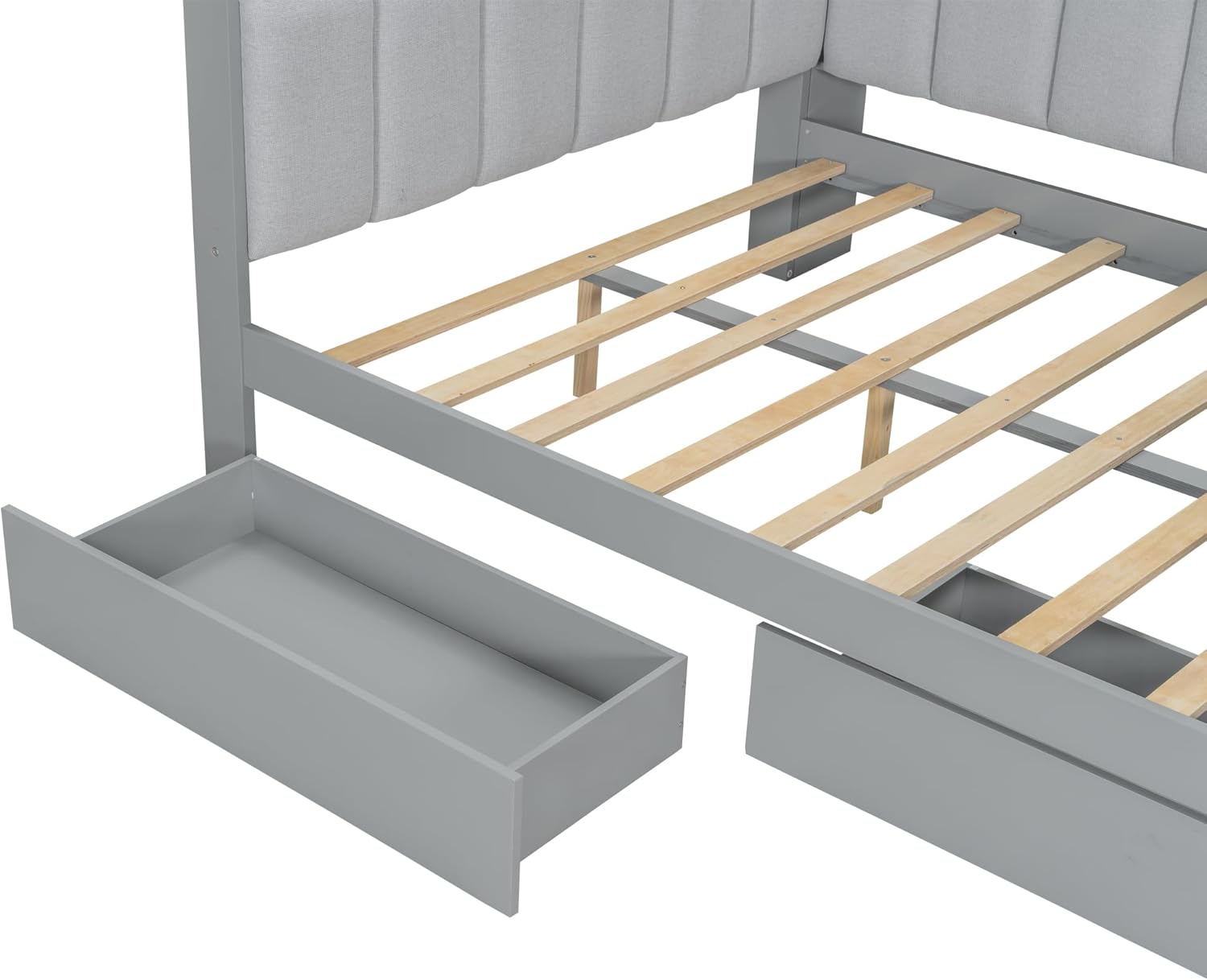 Under-bed storage drawers pulled out, showing interior space
