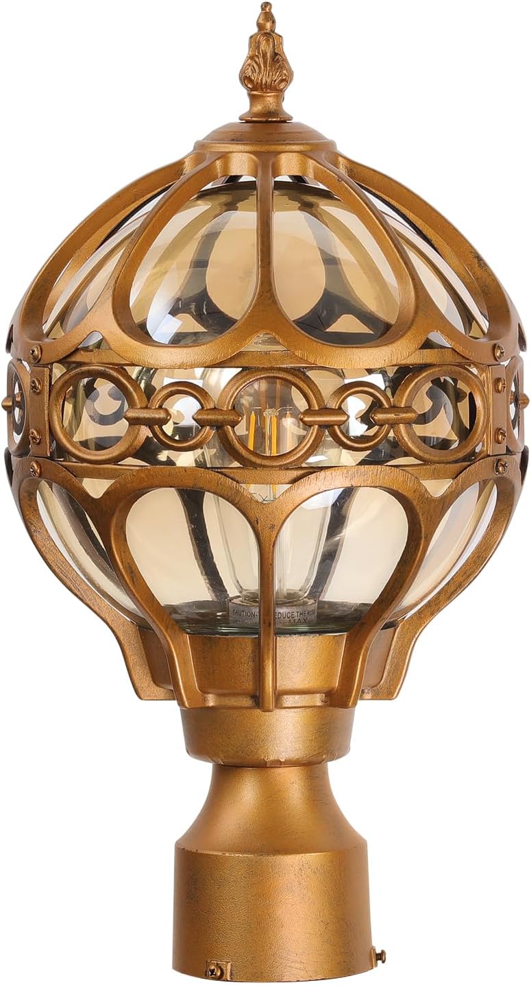 Outdoor Globe Lamp Post Light Fixtures, 13.4" Gold Sphere Post Top Lantern for Patio, Porch, Garden, Driveway, Hardwired Anti-Rust Aluminum Pillar Light with Amber Glass, Fits Standard 3" Post