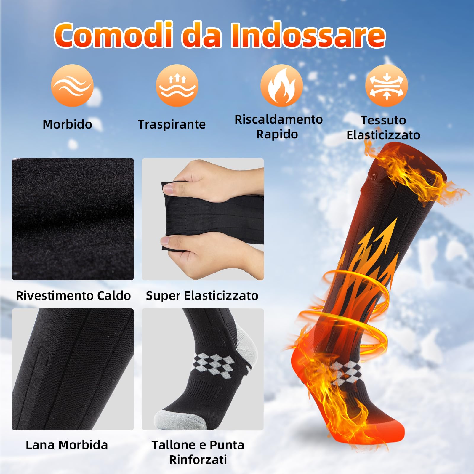 Calze Riscaldate a Batteria ikuchelife, 2 x 7500mAh/5V Max. 14 Ore Inverno Ricaricabili Calzini USB Riscaldati Scaldapiedi Elettrico Calze al ginocchio con 4 Temperature per l'intero Plantare