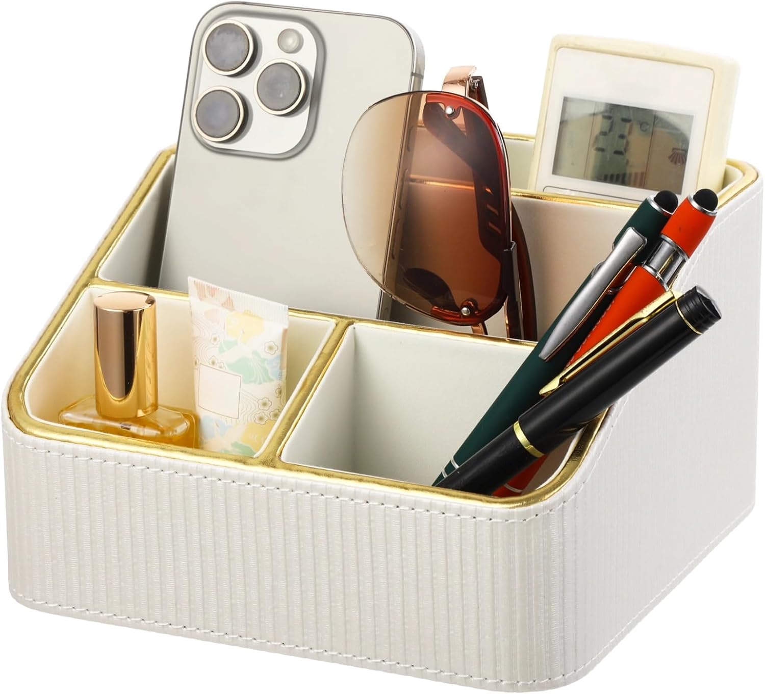 OMISTAR 4 Compartments Remote Control Holder, PU Leather Nightstand Organizer, Tiered Bedside Caddy, Desktop Storage Container for Stationery Office Supplies, Stylish Vanity Tray for Makeup