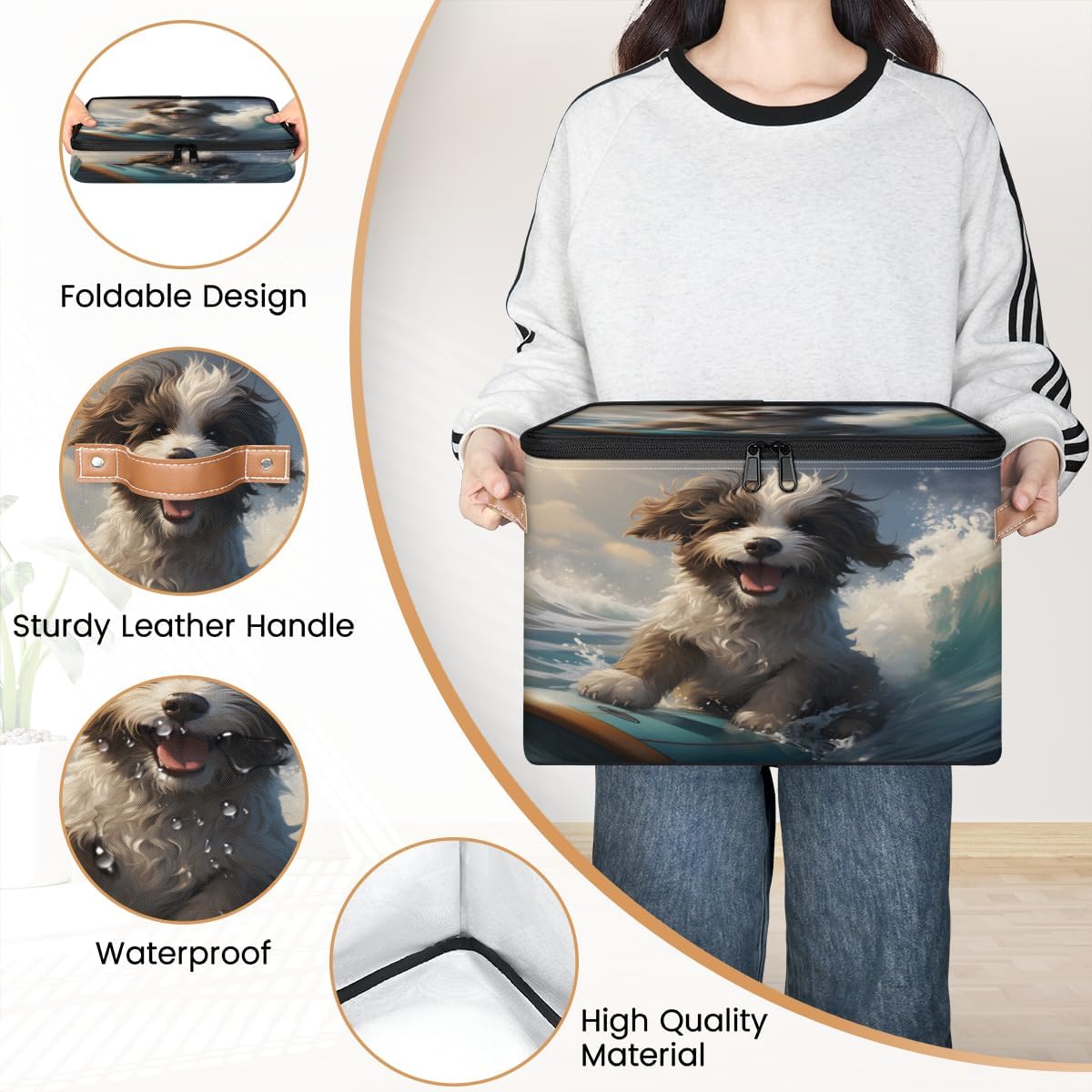 Storage Bin Set of 2 Cute Surfing Puppy Storage Basket with Zipper Lid & Handle Foldable Closet Shelf 2 Pack Cloth Organizer Basket Cube Bins Clothes Organizer for Bedroom, Nursery