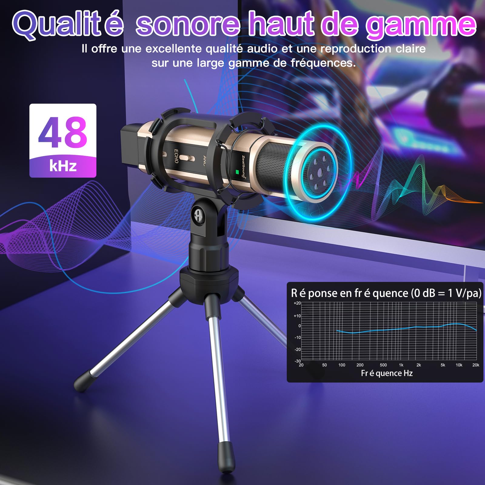 ZealSound Micro PC Téléphone,Mini USB Microphone à Condensateur pour iPhone/Mac/Ordinateurs/PS4&5, Micro Cardioïde pour Gamer, Podcast, Doublage Voix, Enregistrement, Youtuber,Créateur de contenu,ASMR