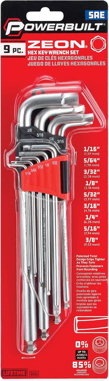 Powerbuilt 9 Piece SAE Hex Key Wrench Set for Damaged Fasteners, Standard, Grip Rusted, Rounded Bolts, Long End - Zeon Series 240096