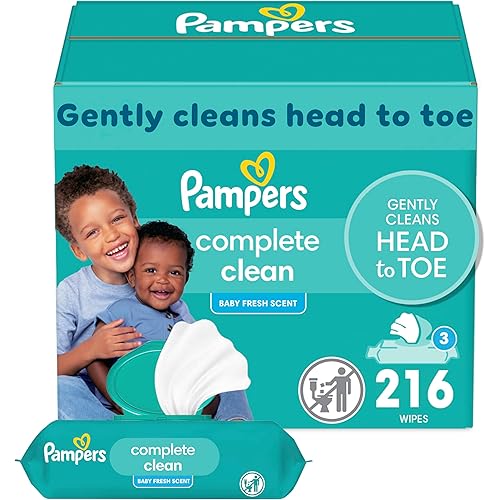 Pampers Baby Wipes, Complete Clean Baby Fresh Scented Wipe, Gently Cleans Head to Toe, 216 Total (3 Flip-Top Packs)