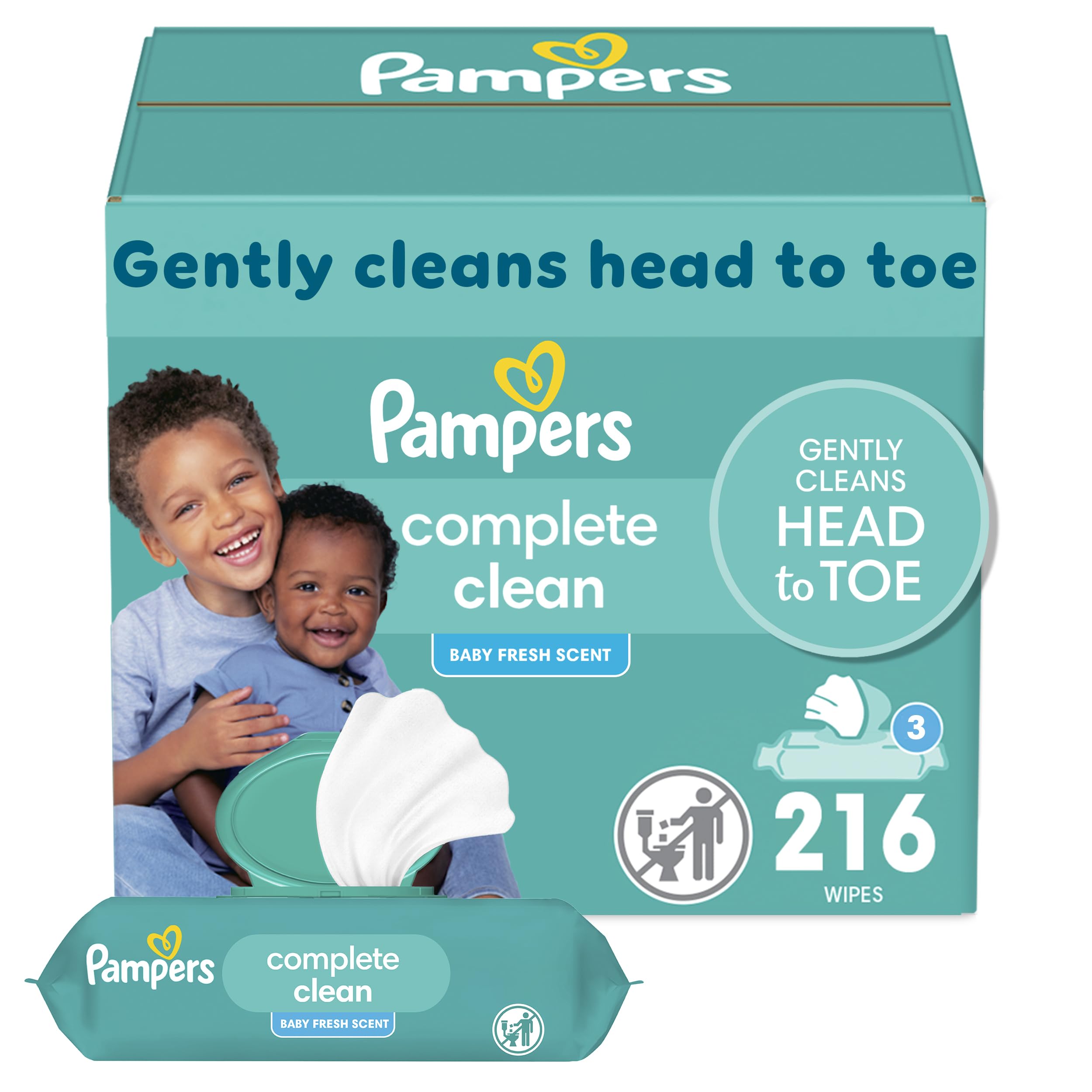 Pampers Baby Wipes, Complete Clean Baby Fresh Scented Wipe, Gently Cleans Head to Toe, 216 Total (3 Flip-Top Packs)