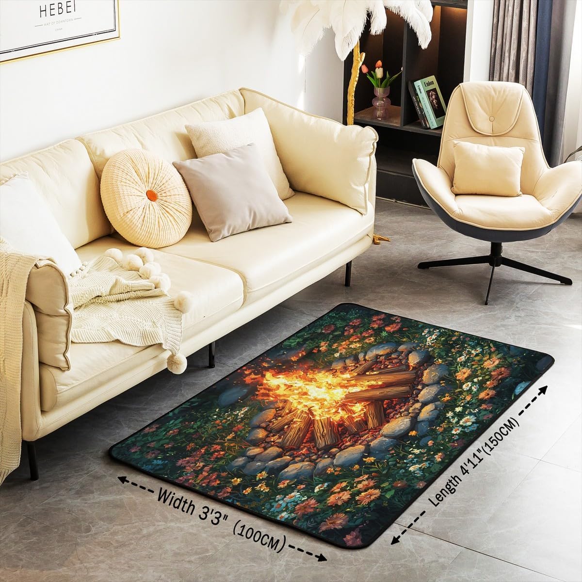Campfire Area Rug 3'x5',Happy Camping Decor Non Shedding Rug for Kids Teen Adults,Tree Stump Woodland Campsite Decorative Carpet for Playroom Bedroom Dining Room,Camping Adventure