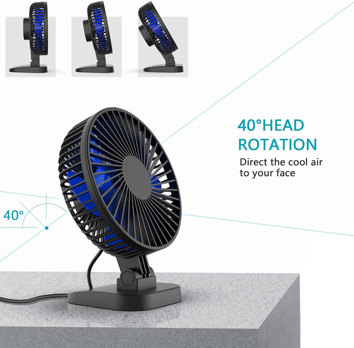 xasla USB Desk Fan with 3 Settings, Small Personal Quiet Desktop Fan with Strong Airflow & 40° Adjustable Tilt Angle, Portable Cooling Mini Fan for Desktop Office Home Bedroom (Black-Blue)