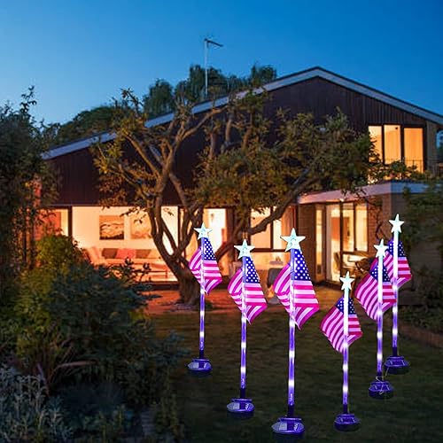 Miniatura 2 de HENHUI Paquete de 4 luces solares decorativas para el 4 de julio, luces solares de bandera estadounidense, luz de jardín, luz de camino para el día