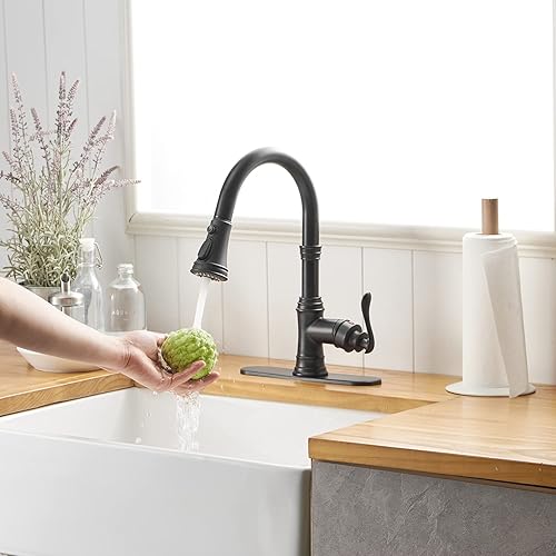 Miniatura 9 de Grifo de cocina negro mate con rociador extraíble, grifo de 3 funciones para fregadero de cocina, mango único, arco alto, cabezal de rociador
