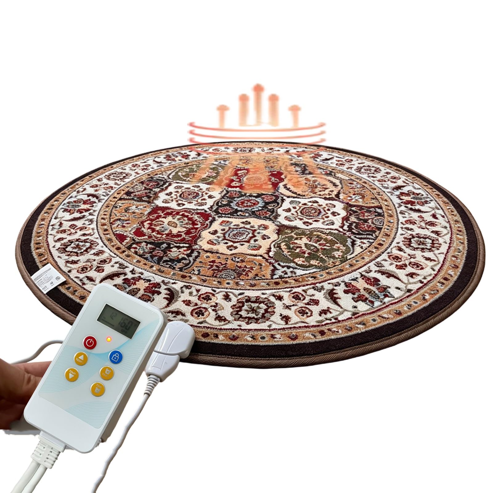 Alfombra eléctrica calefactable de grafeno, redonda, de 120 cm (47,24 pulgadas), estilo vintage, con temperatura ajustable, calentamiento rápido y suave. Ideal para cama, sofá u oficina