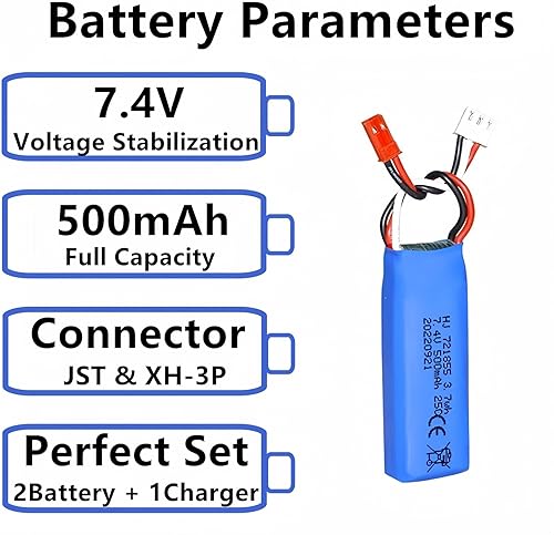 Miniatura 4 de Batería Lipo de 7.4V 2S 25C 500mAh recargable Lipo batería con enchufe JST para escala RC Car Truck y RC Drone Avión 2 Pack con cargador USB