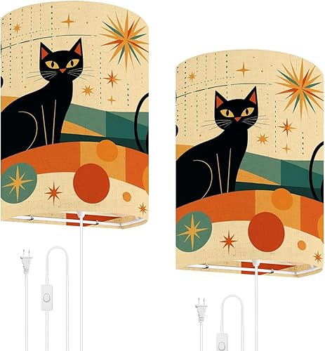 Plug in Wall Sconce Set of Two Mid Century Black Cat Retro Atomic Starburst Modern Abstract Geometric Wall Lamp with OnOff Switch Cord Vintage Wall