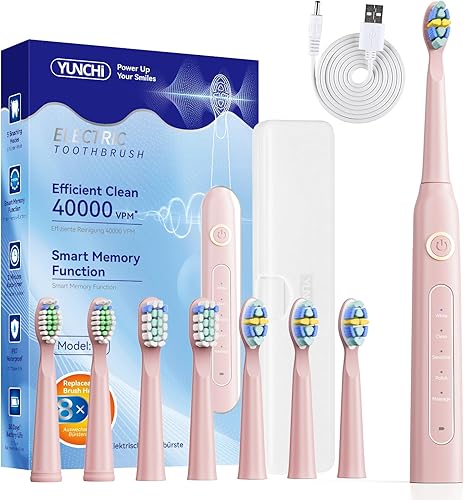 YUNCHI Cepillo de dientes eléctrico rosa, cepillo de dientes con batería para adultos, cepillos de dientes recargables, 8 cabezales de cepillo, 5