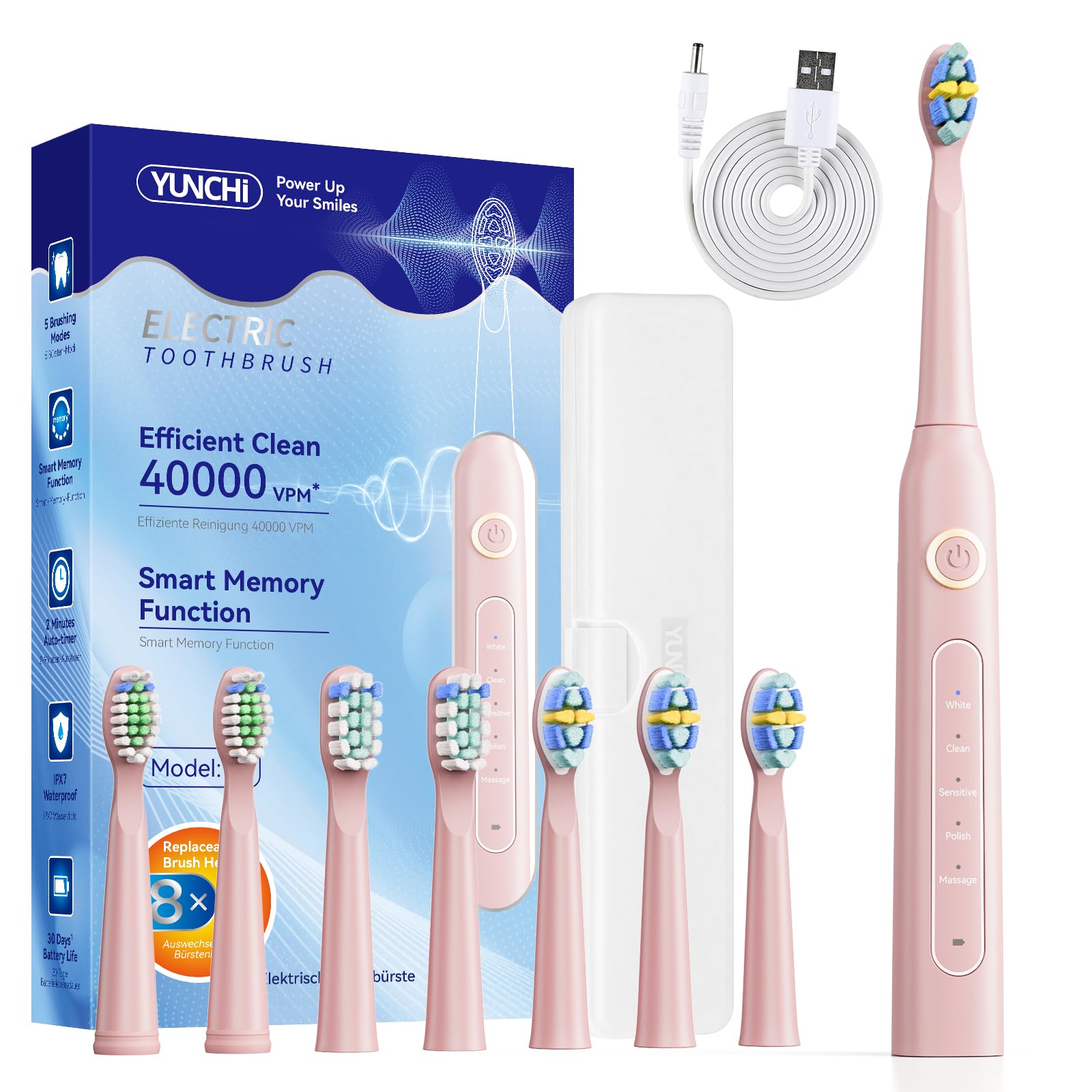 Electric Toothbrush, Rechargeable Sonic Toothbrush with 8 Brush Heads 40000 VPM, Smart Timer 5 Cleaning Modes Last 30 Days Electric Toothbrushes for Adults Kids 6-12 (Pink A, M)-image-34