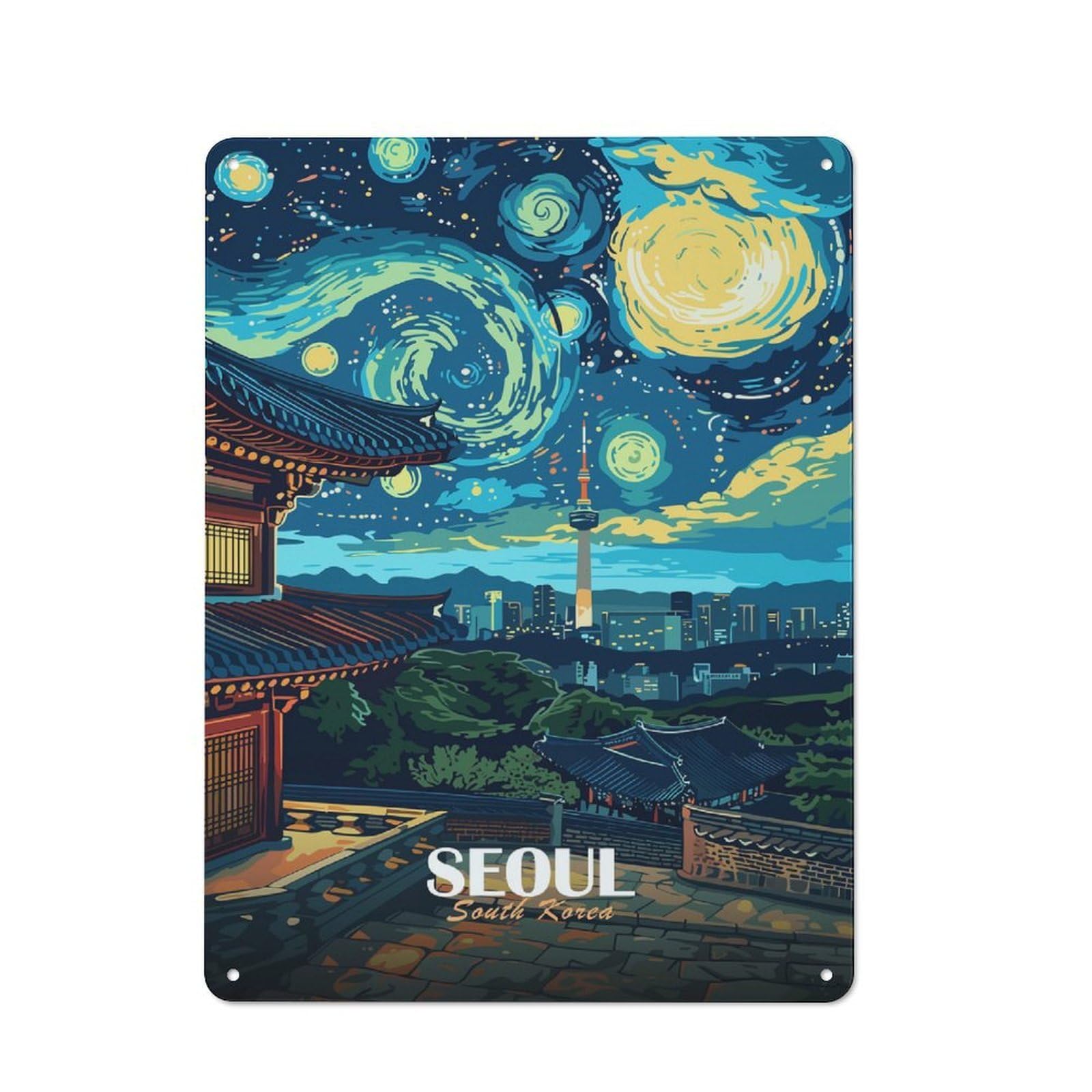 Junmoney Style-22 Seoul, South Korea Nightscape Art Tin Sign 40X30cm For Bar Or Restaurant, Retro Wall Decor, A Christmas Gift For People Styling Bar And Restaurant