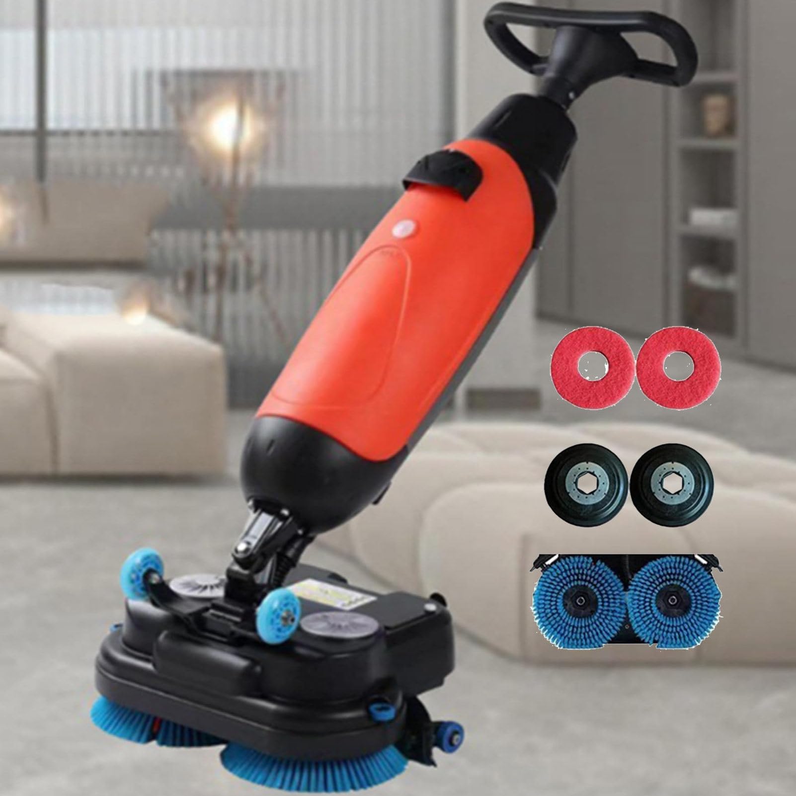 Hydravex Red Portable Commercial Floor Scrubber, Floor Machine Walk Behind Floor Scrubber Dryer For Efficient Cleaning, 2 Adjustable Brushes, 4.5L+7.5L Dual Tanks, For Wooden Floors, Tiles, Terrazzo, Marble