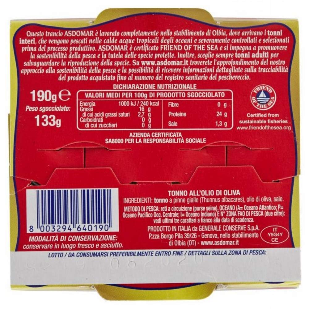 Asdomar Tonno trancio intero all'olio di oliva 200 g x24 confezioni