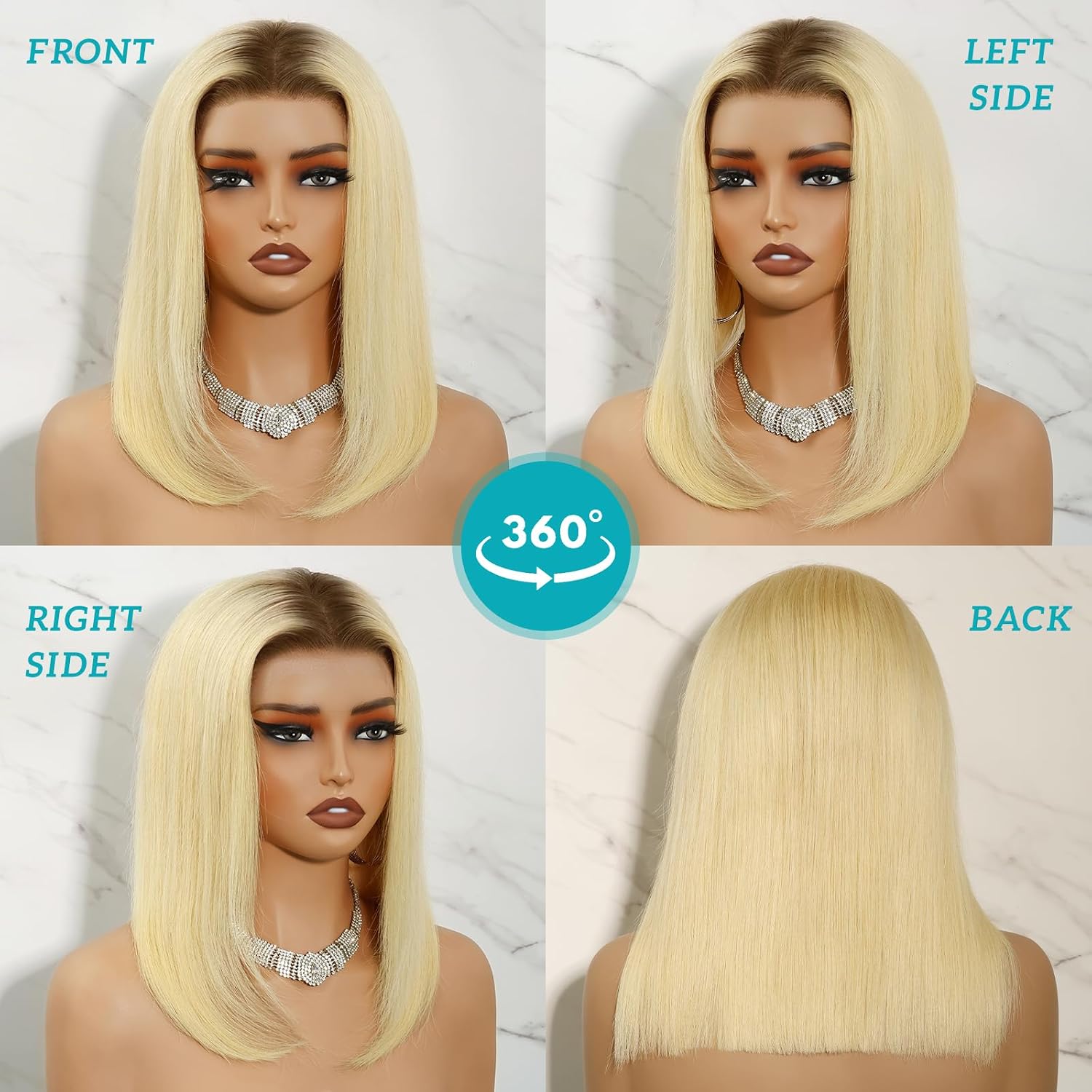 13x4 Ombre Blonde Bob Wig with Dark Roots 613 Brazilian Remy Human Hair Double Drawn Preplucked 200% Density Short Straight Wig UHD Transparent Lace Frontal for Women Summer Party 10"