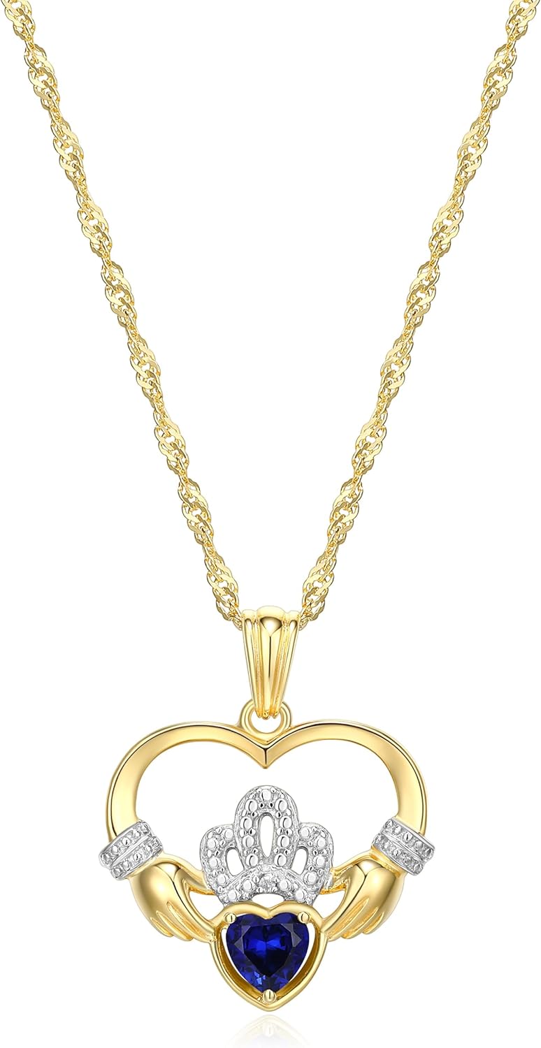 MORGAN & PAIGE .925 Sterling Silver 18K Gold Plated Claddagh Heart Pendant Necklace with Gemstone and Diamond Accent - Irish Jewelry Birthstone Heart Pendant Unique Gifts, Gold Necklace for Women 18"