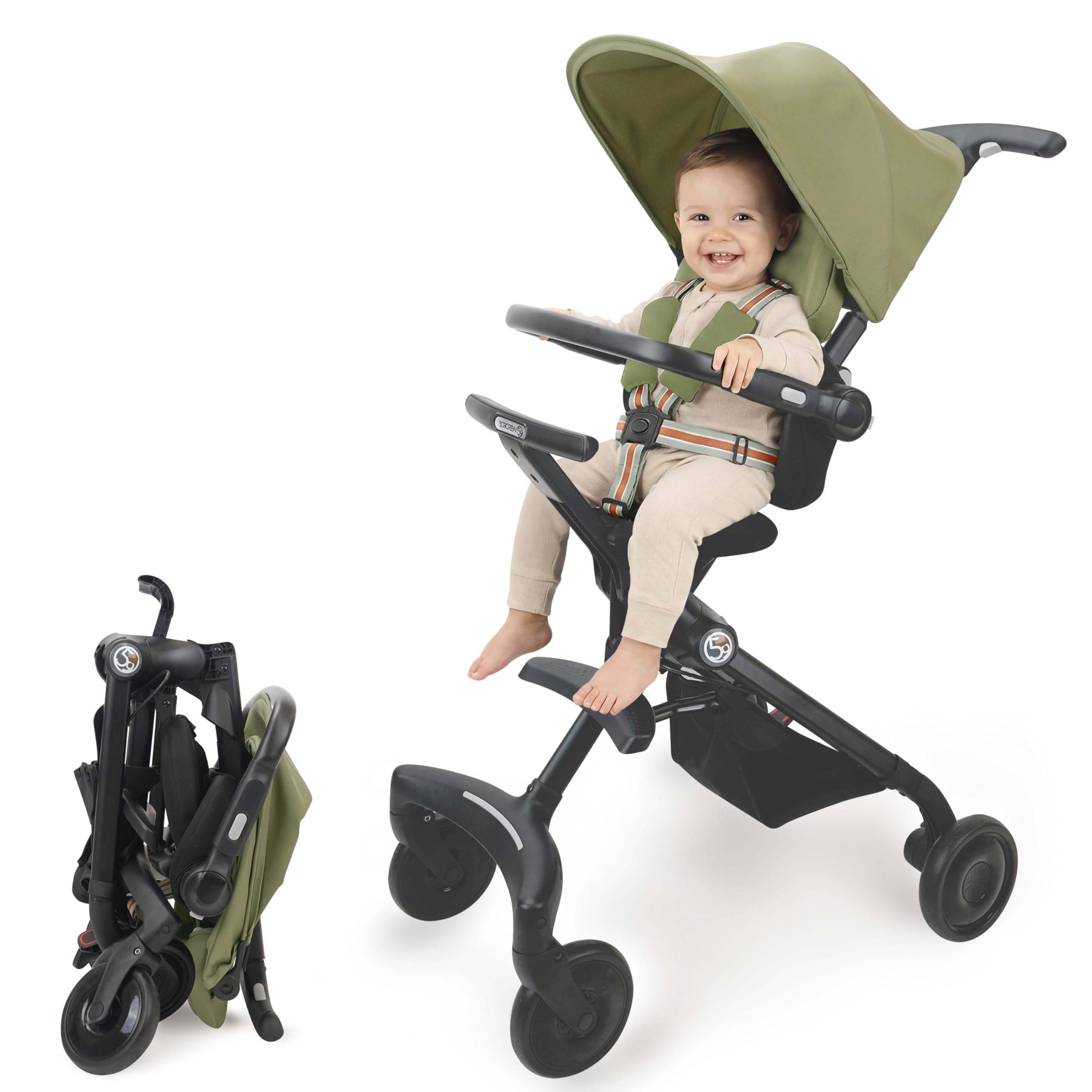 509 CREW EZ-TRAVELLER Baby Buggy Stroller Pushchair, Easy & Compact Fold, 2 Recline Backrest Positions, Adjustable Handle Height, Front Bar, Adjustable Headrest, Canopy, Basket (Khaki)