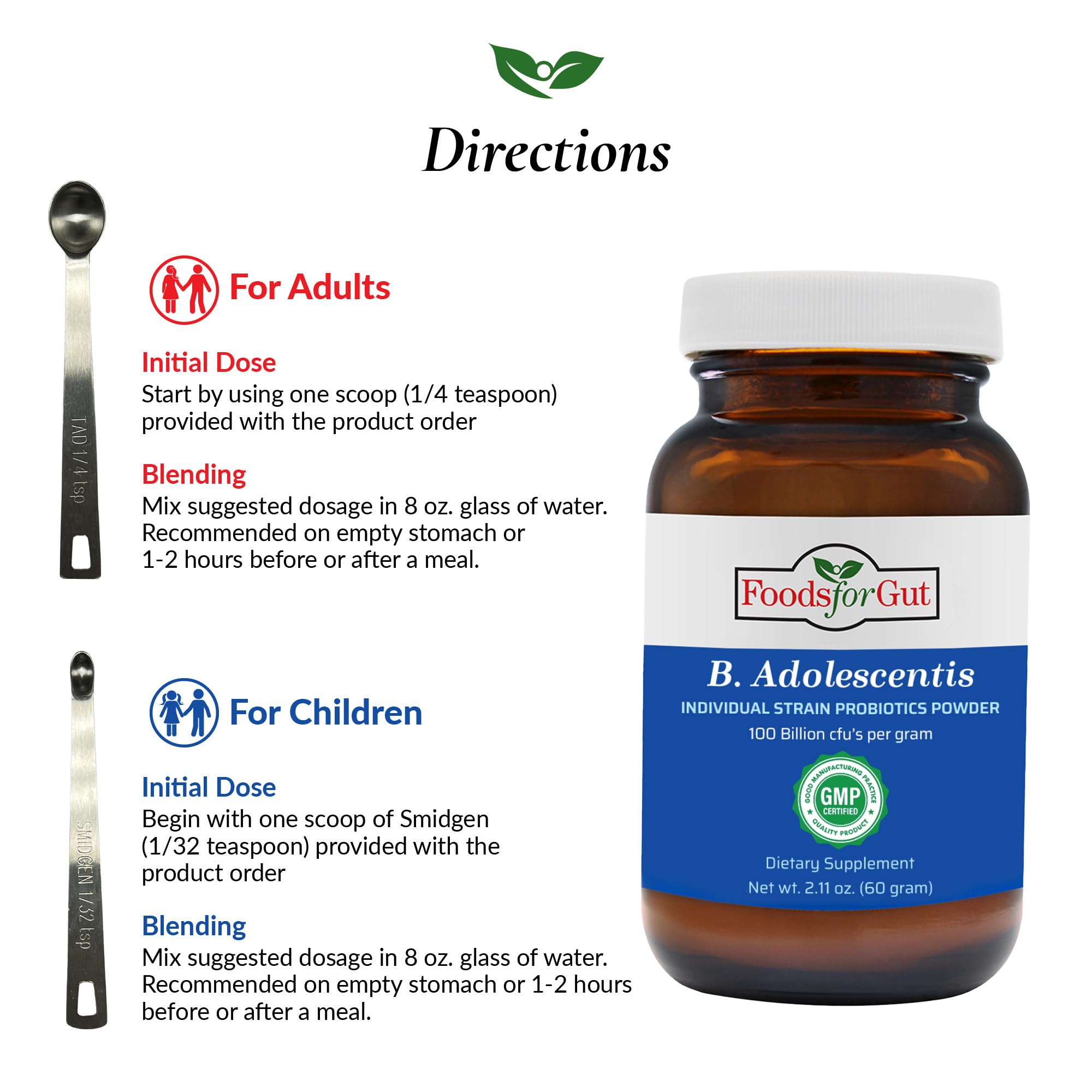 Foods For Gut Bifidobacterium Adolescentis Probiotic Powder 100 Billion cfu's | No Additives | Digestive & Immune Support | High Potency | B. Adolescentis | 60 Gram (2.11 Oz)