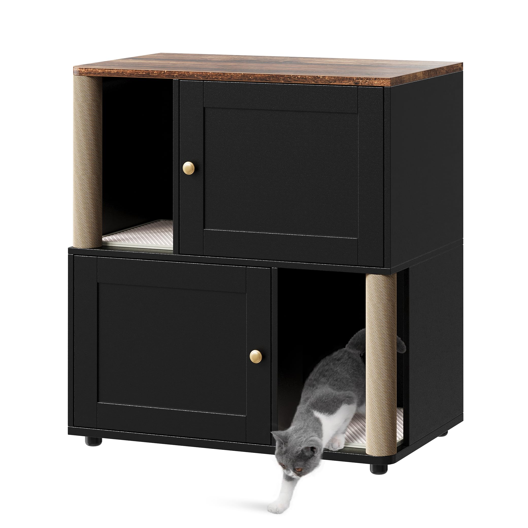 Garvee Armoire d’Angle Double pour litière de Chats – Meuble fermé à 2 Niveaux avec Tapis antidérapants et griffoir – Rangements hygiéniques pour Chats – Bois Noir Basique – Modèle Noir Basique