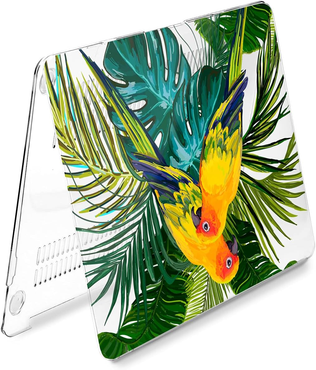 Hard Case Compatible for MacBook Pro 16 14 M3 M2 2023 M1 Pro 13 2022 Air 13 2021 Retina 2020 Mac 11 12 Leaves Print Tropical Laptop Design Birds Painted Cover Cute Palm Parrots Protective
