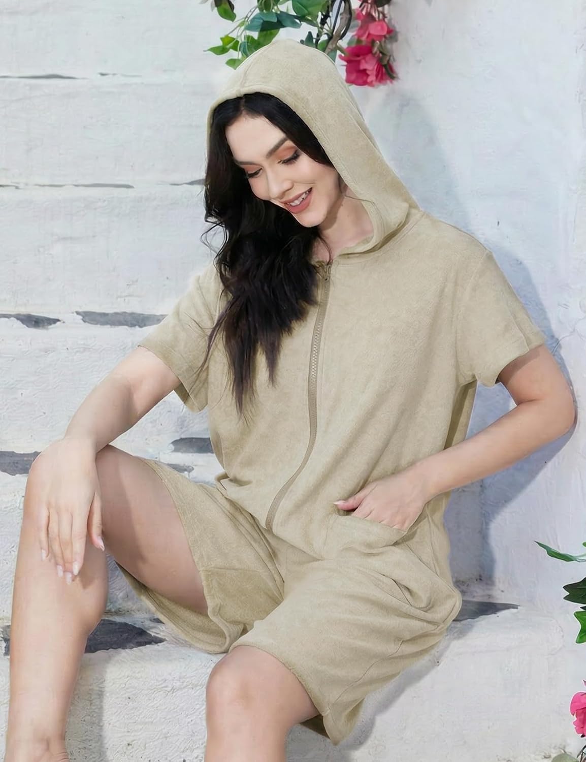 Wyeysyt Romper for Women Summer Terry Cloth Towel Rompers with Hood Zip Up Beach Pool Outfit with Pockets(Apricot-L)