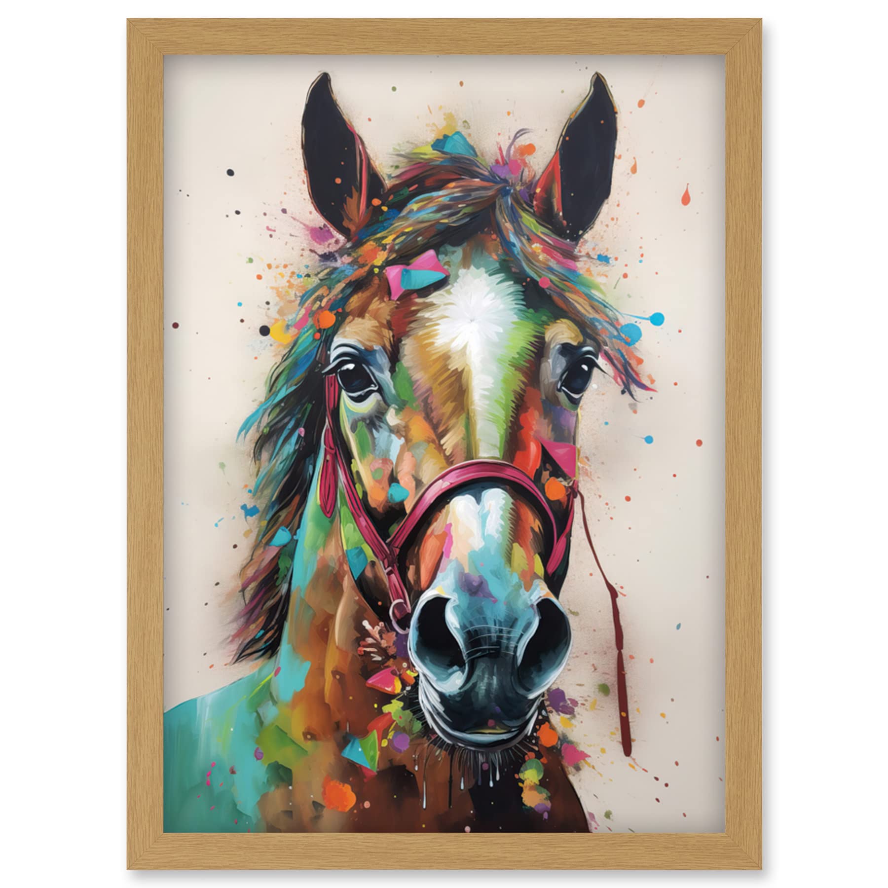 Artery8 Horse Multicoloured Spray Paint and Oil Painting Artwork Framed Wall Art Print A4