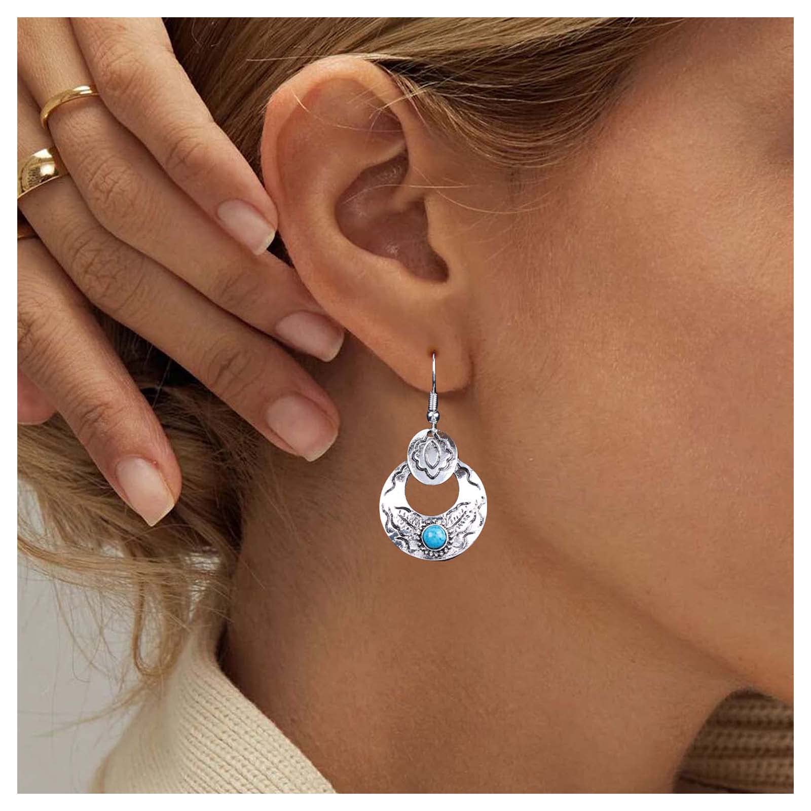 AllereyaVintage Turquoise Circle Dangle Earrings Tribal Totem Drop Earrings Turquoise Dangling Earrings Silver Circular Hoop Hook Earrings Jewelry for Women and Girls