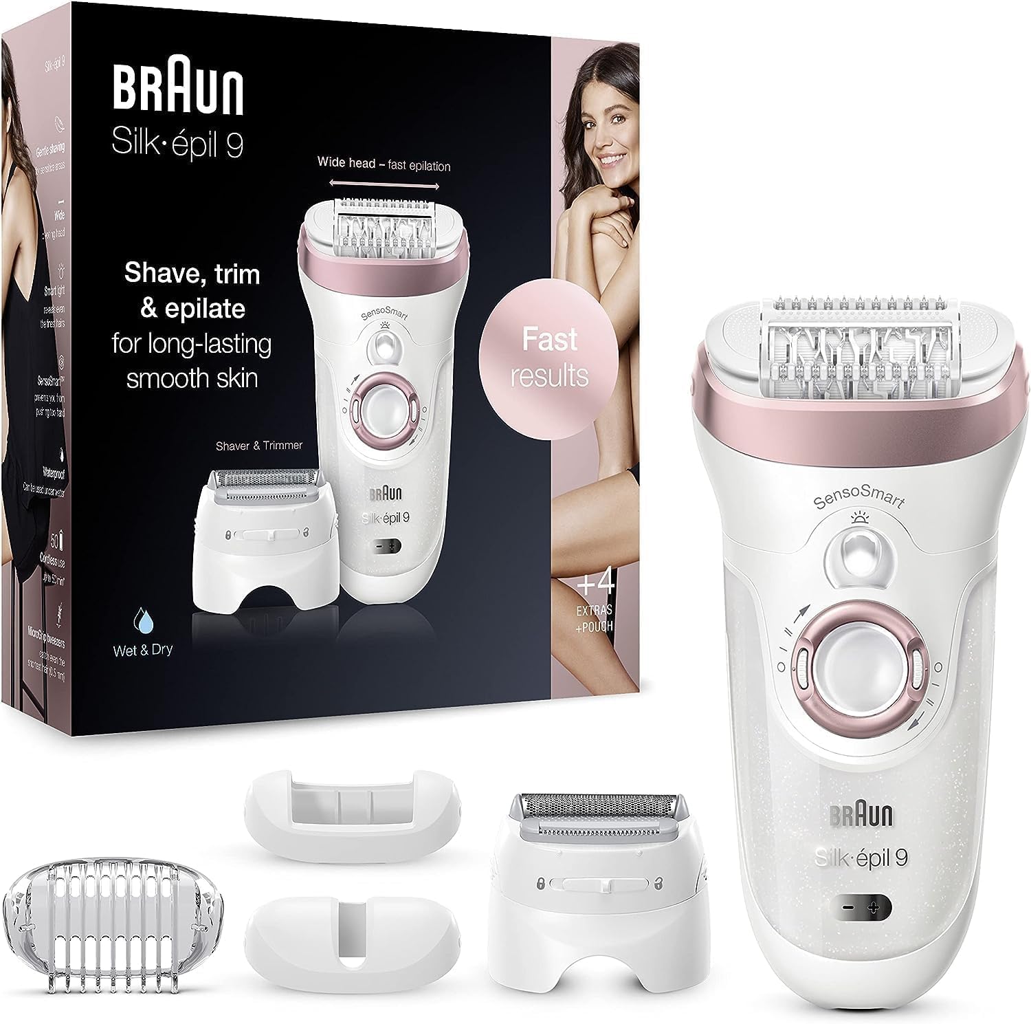 Braun Silk-épil 9 Depilatore Donna, Epilatore Elettrico Donna con Testina Radente e Rifinitore, Tecnologia MicroGrip, Cappuccio Massaggiante, Idea Regalo San Valentino, SE9-725 Bianco e Rosa - Immagine 1