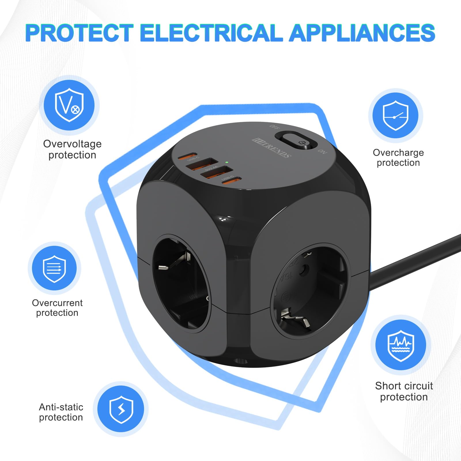 Prise de table 8 en 1 avec cube USB, cube de prise avec câble de 2 m