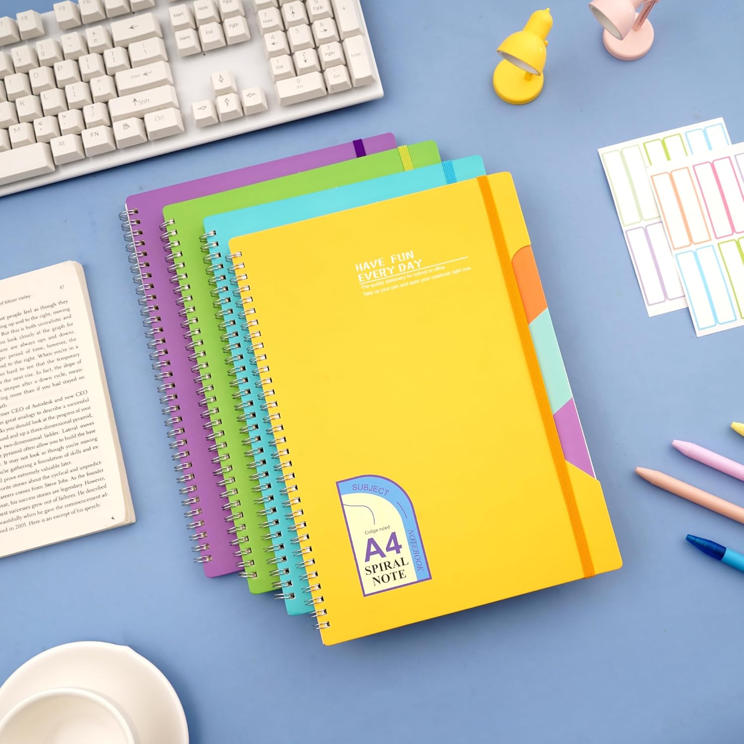 4 Pack Hardcover Spiral Notebook 8.5x11 Lined Journal Notebook College Ruled 320 Sheets in Total, 4 Subject A4 Spiral Notebook for Work Study and Notes, 8 Multicolor Tab Stickers, Yellow Green Blue