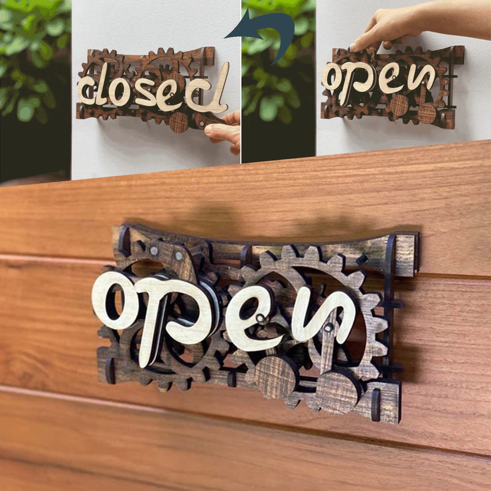 Xixicccc Revolutionary Open Closed Sign Board Wooden Gear Mechanism ...