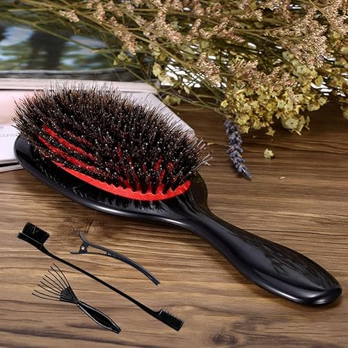 Miniatura 9 de Cepillo de cerdas de jabalí, cepillo desenredante para cabello rizado, fino, ondulado, natural, enredado, cepillo antiencrespamiento para mujeres y