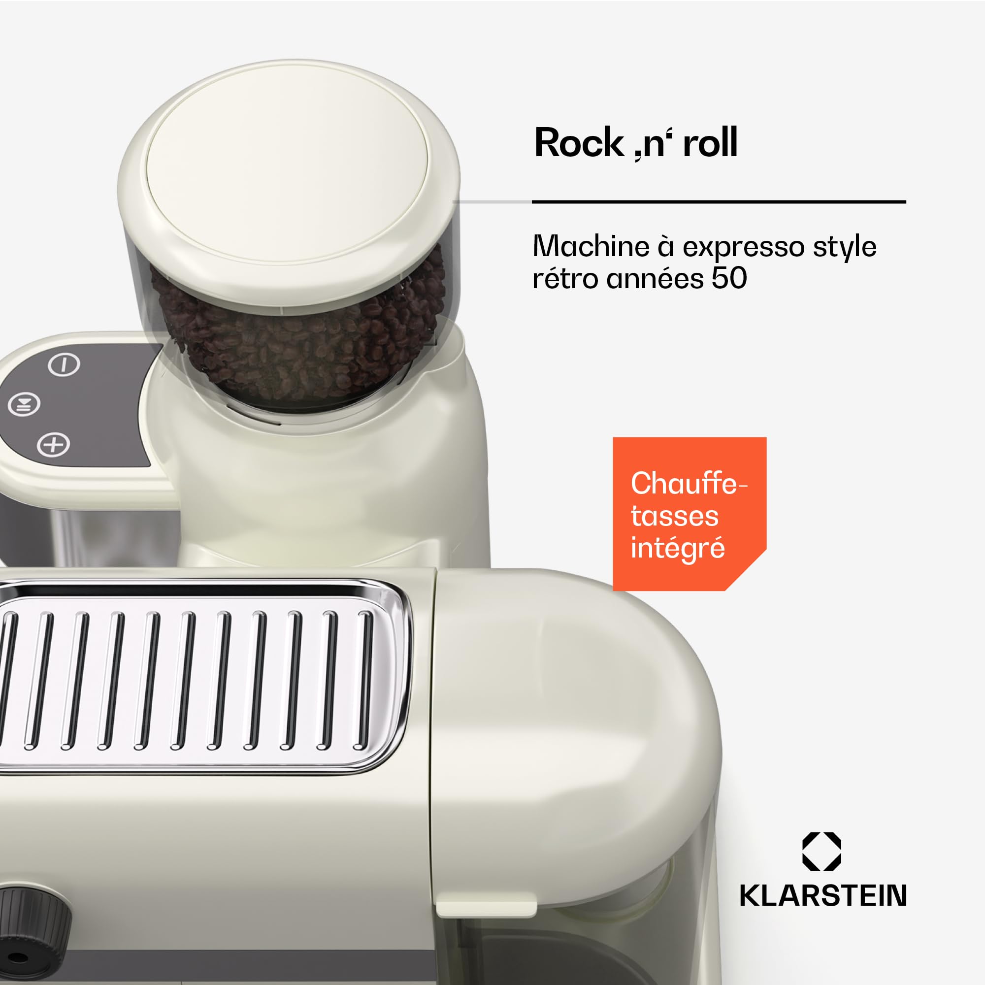 KLARSTEIN Bella Café Machine à café en grain – 19 Bars, 1550 W, Broyeur intégré 200 g, Mousseur à lait, Réservoir 1,4 L, Acier inoxydable, Design rétro, Crème