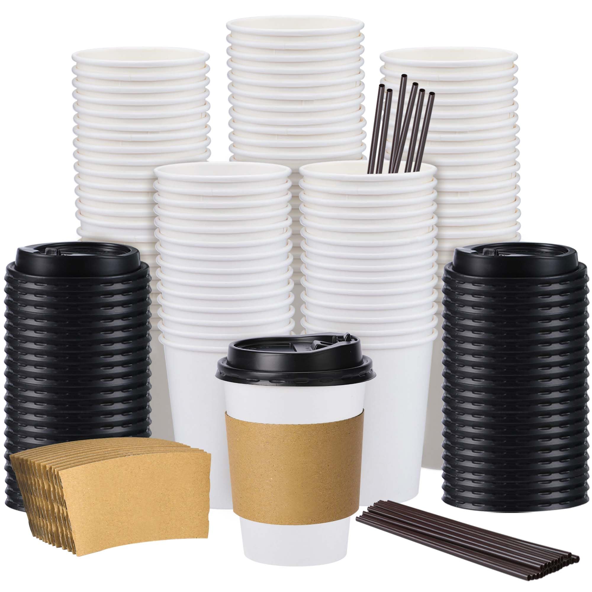 Lamosi 500 Pack 12 oz Disposable Coffee Cups with Lids, Sleeves and Straws, To Go Paper Coffee Cups 12 oz Bulk, Insulated Hot Beverages Cup for Commercial, Office, Cafes and Home (White 12oz)