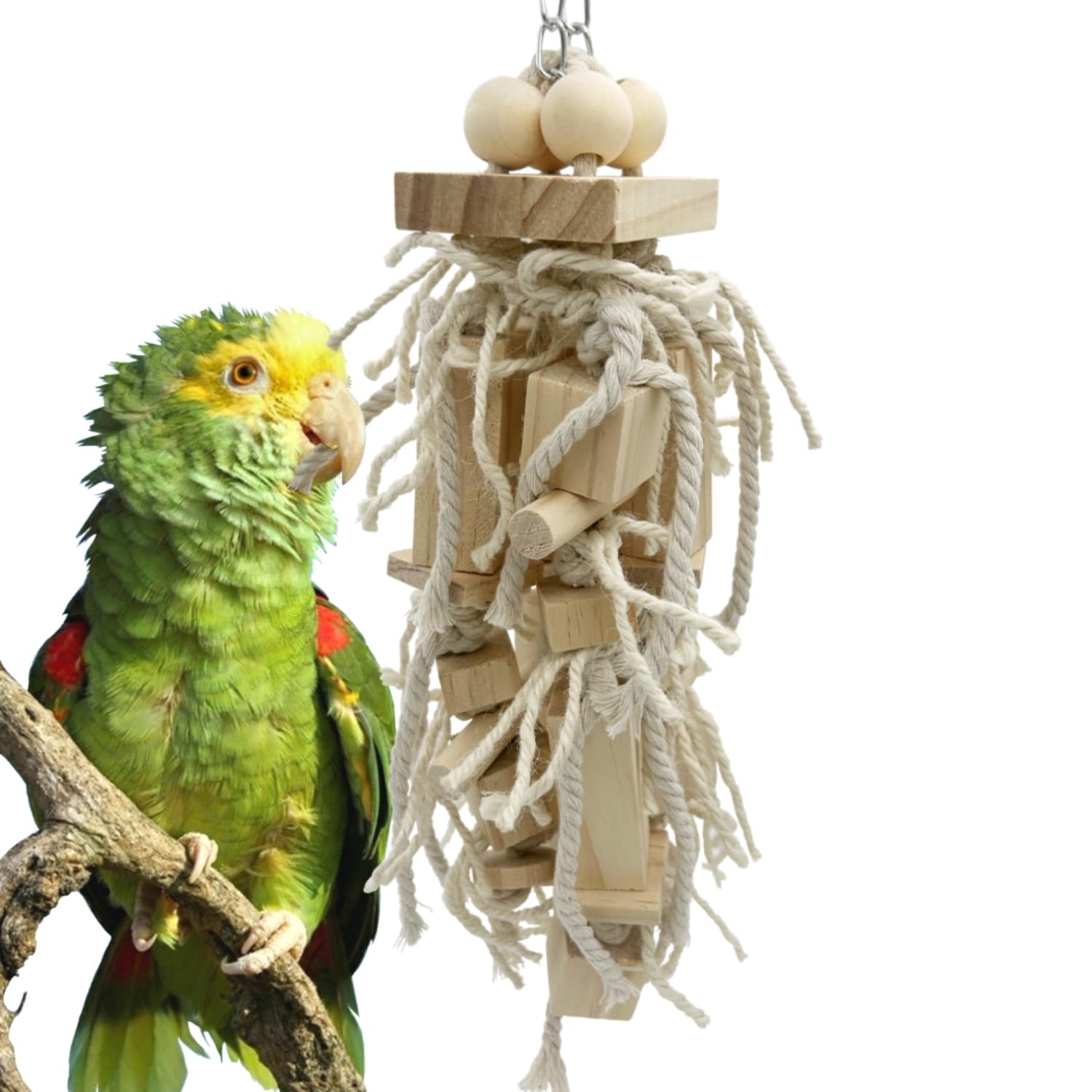 Bird Block Knots Tearing Toy- 17 inch Dye-Free Natural Wooden Parrot Chewing Toy for Medium and Large Parrots, Conures, Cockatiels, African Greys, Cockatoos, Quakers and AmazonParrots