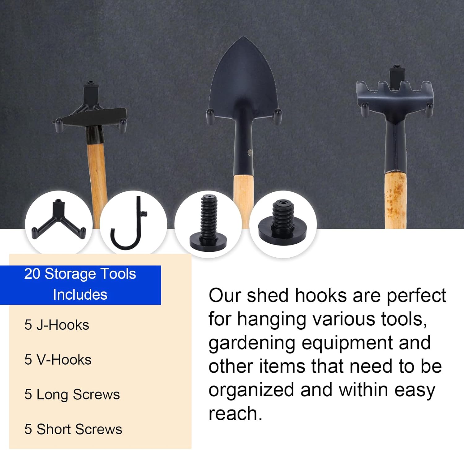 BOXOB 20pcs Tool Hooks for Suncast/Craftsman, V & J Shape Storage Shed Hooks with 10 Long & Short Screws Tool Hanger Garage Wall Organization for Shed Shelves Accessories Shovels Rakes Organizer