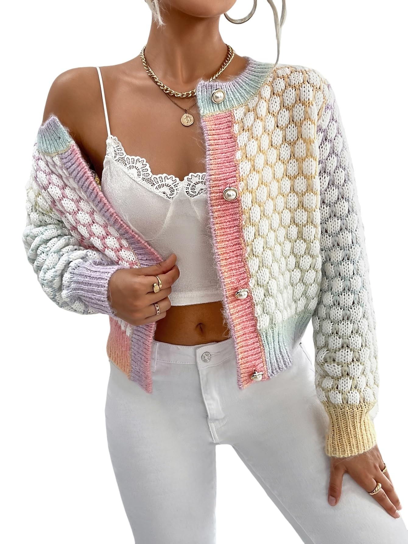 MARZXIN Womens Cardigan Casual Button-Up Round Neck Mixed Fabric Cardigan Knitted Sweater Fall Winter Cloth for Women