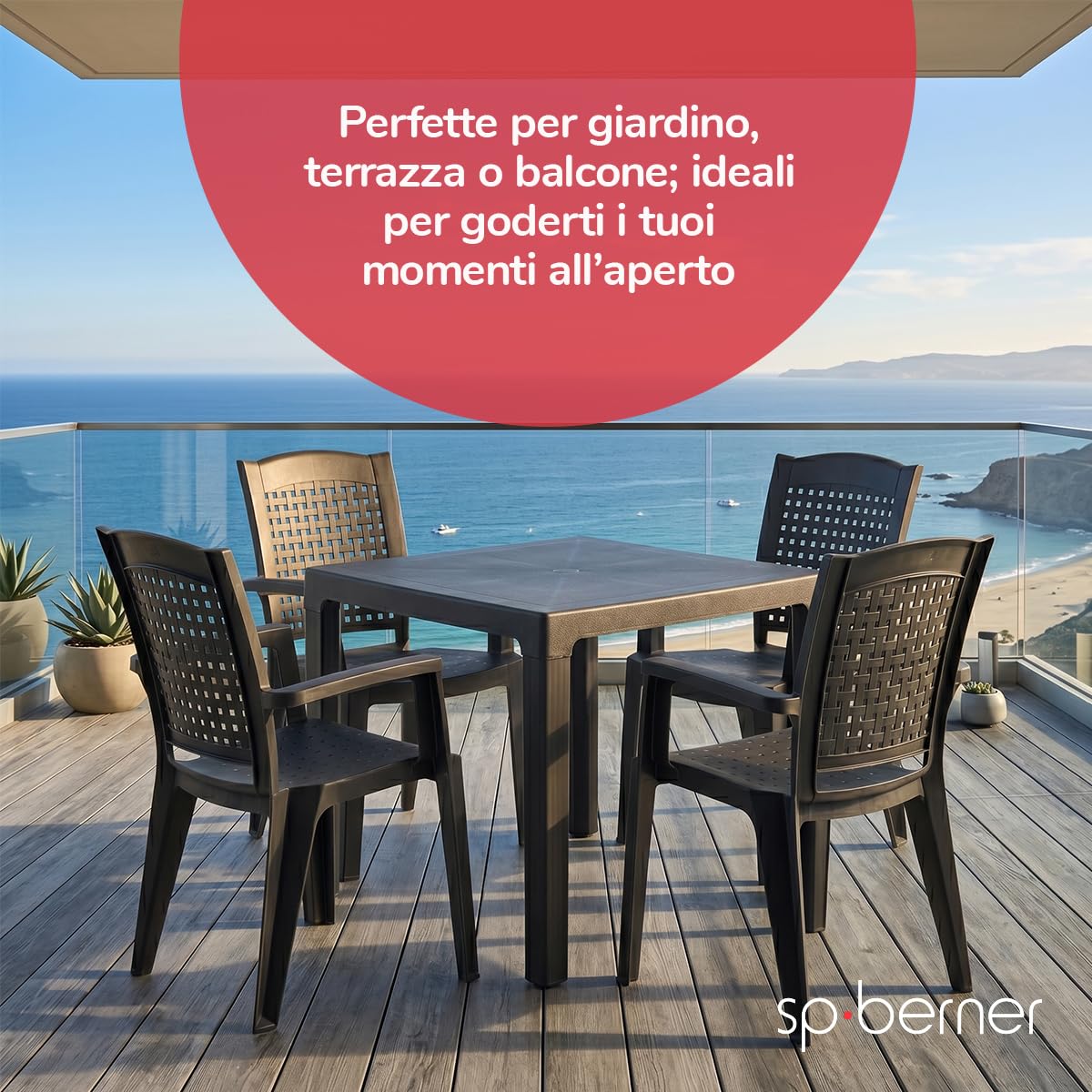 SP Berner SHAF - Confezione da 4 Sedie - Giardino Esterno e Terrazza - Plastica Riciclata Resistente UV - Impilabili - Modello Metallo - Bianco