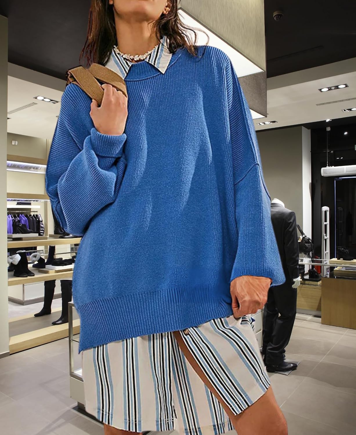 LIZALIG Women's Oversized Batwing Casual Sweaters Fall Outfits Knit Side Slit Fashion Crewneck Pullover Batwing Tops - Image 3