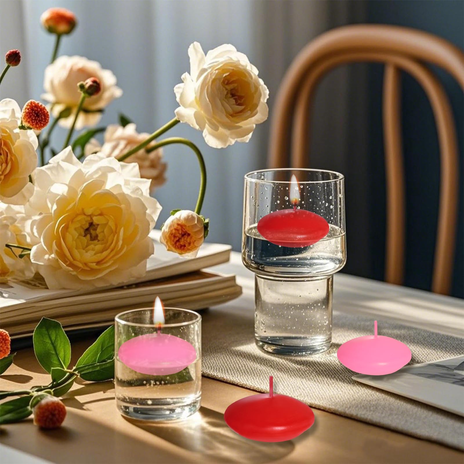 20 piezas de centros de mesa flotantes, velas flotantes sin perfume de 1.5 pulgadas, decoración pequeña, jarrones flotantes para el día de San Valentín, Acción de Gracias, boda y decoración del hogar