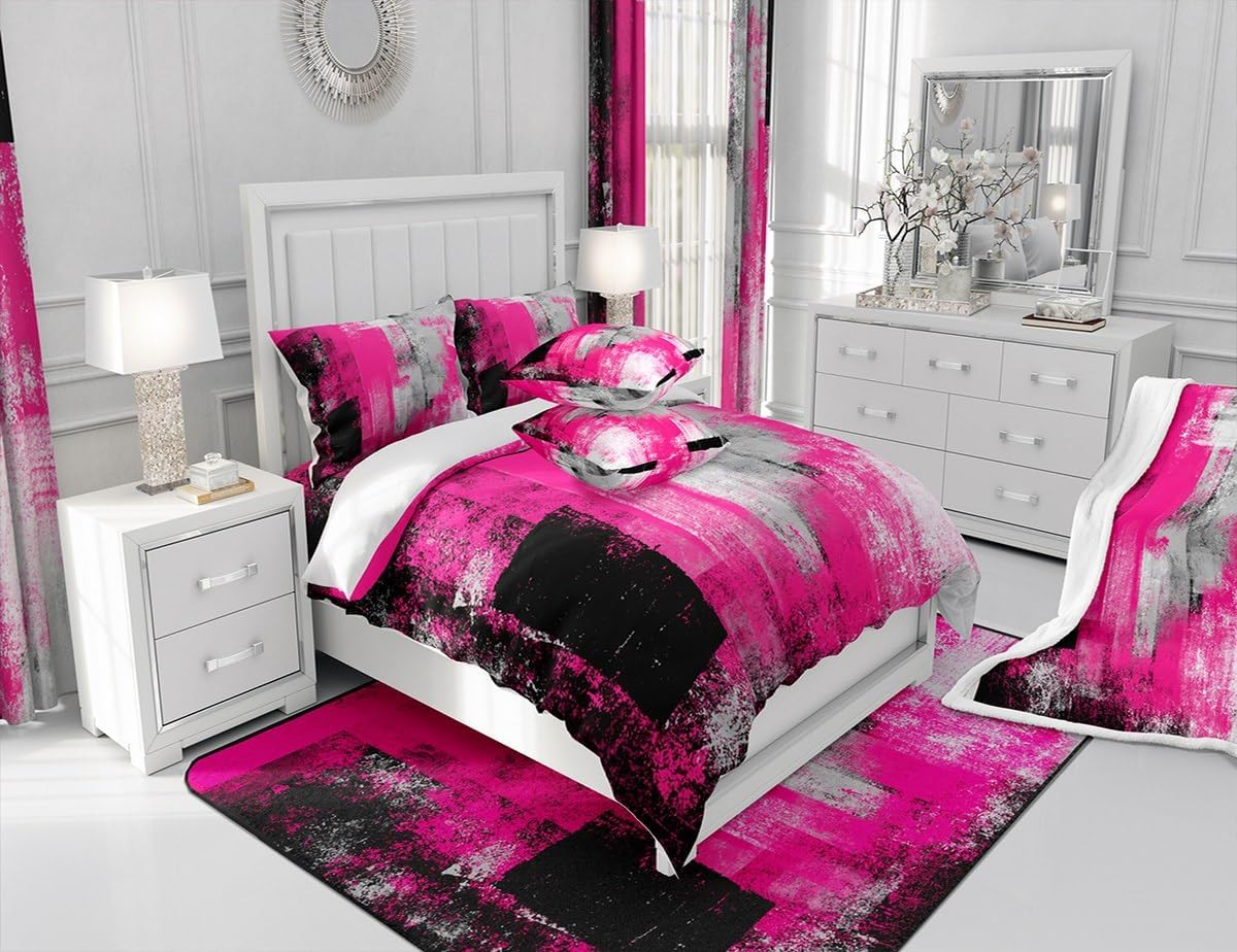 Feelyou Hot Pink Grey Indoor Floor Mat Girls Area Rug 3x5 Abstract Geometric Living Room Rugs for Kids Geometric Accent Rug Buffalo Check Decorative Rug