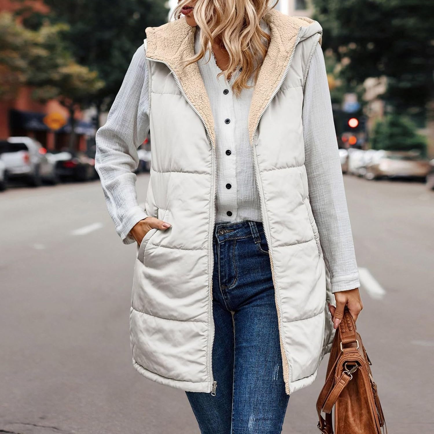 Womens Long Reversible Puffer Vests Sherpa Fleece Jacket Sleeveless Zip Up Hoodie Pockets Winter Warm Coat Outerwear