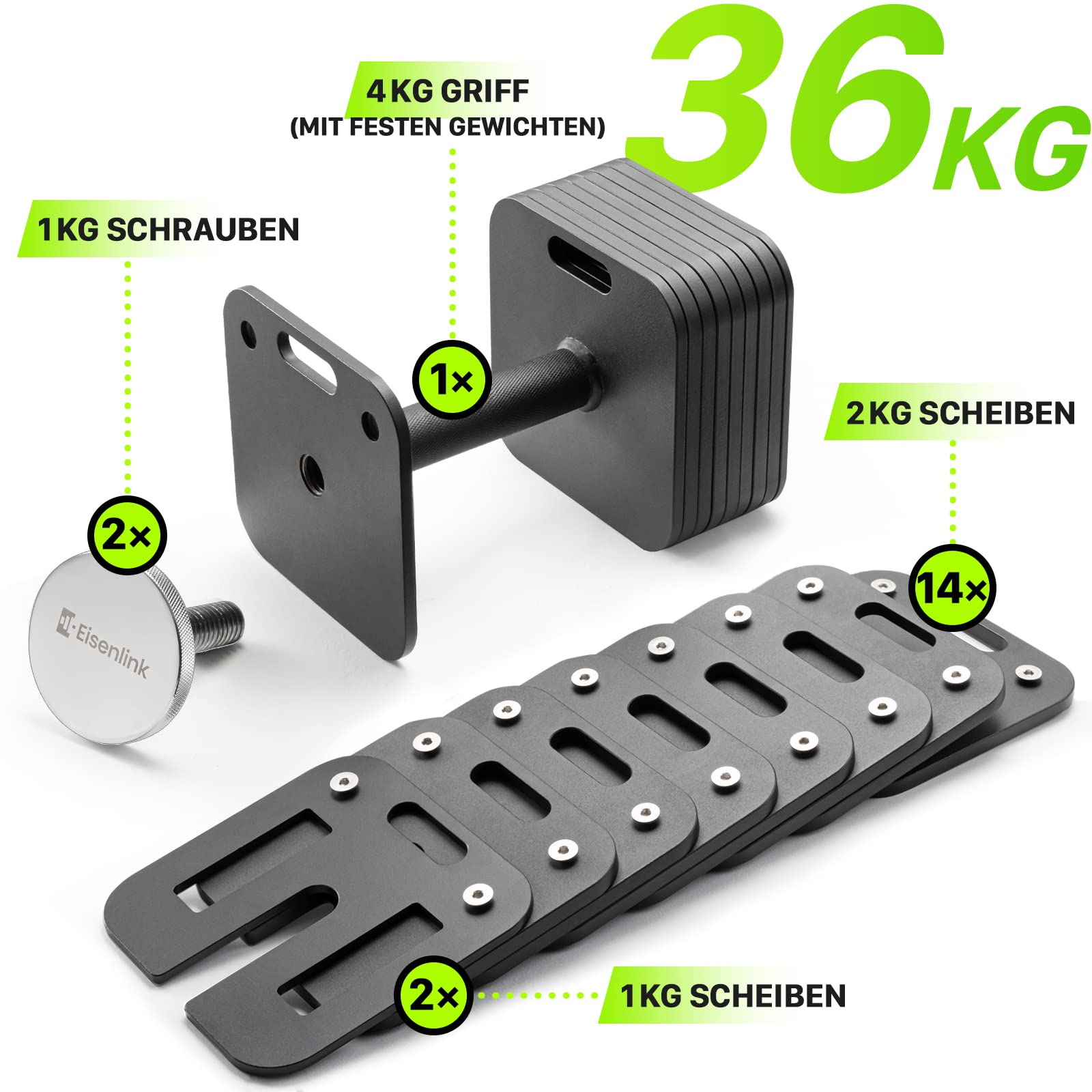 Eisenlink Verstellbare Quadratische Kurzhantel 1 Stück 20kg 36kg - Innovative Ultrakompakte Einstellbare Hantel mit Anti-Rutsch-Griff für Fitness Training Gym Zuhause