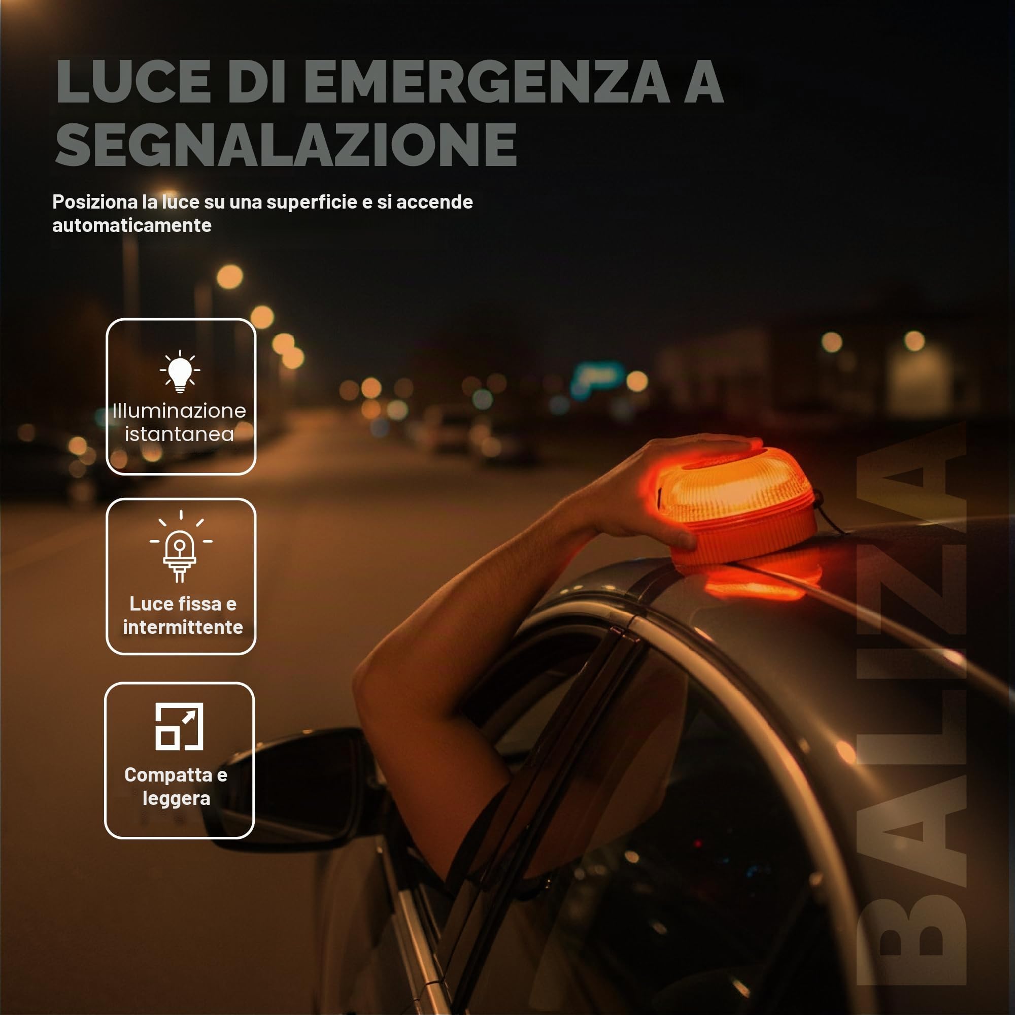 Luce di Emergenza LED V16 - Segnale Stradale ad Alta visibilità - Base Magnetica e Custodia Protettiva - Funziona con Pile AAA+ (Incluse) - 4 modalità di Luce per Sicurezza Auto e Moto