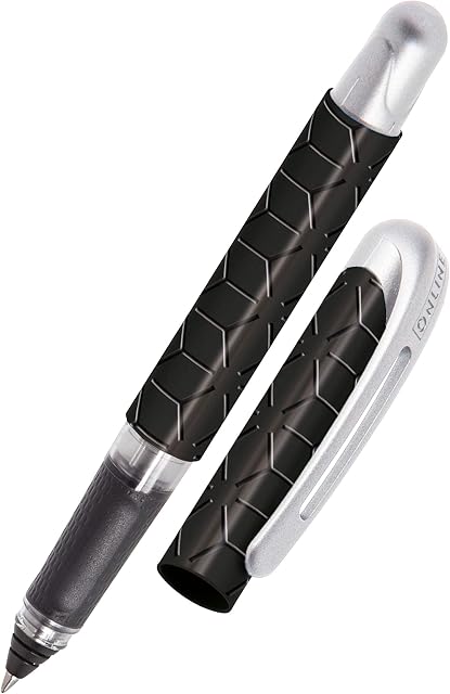 Online College ink pen Black Style ergonomic fountain pen for school/college solid medium nib, soft grip part for standard ink cartridges refillable ideal for beginners, pupils & students, 12468/3D