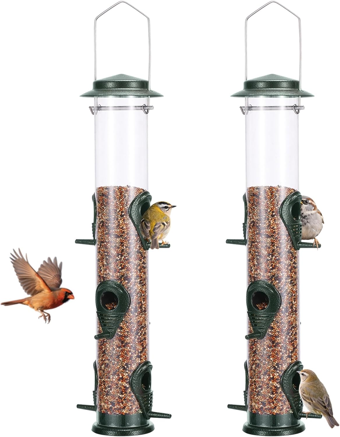 MIXXIDEA 2PK Metal Bird Feeders with 6 Feeding Ports,Tube Bird Feeder with Steel Hanger,Wild Bird Feeder for Outdoors Hanging, Attracting Birds in Your Lawn, Garden, Balcony (Green)