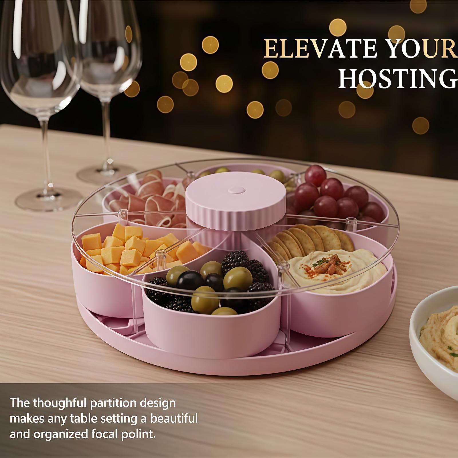 Divided Spin & Snack Serving Tray,5 Compartment Rotating Party Platter, Rotating Snack Box Container with Lid,Covered Snack Storage for Chips Nuts Dips Veggies,for Kitchen,Travel and Picnic